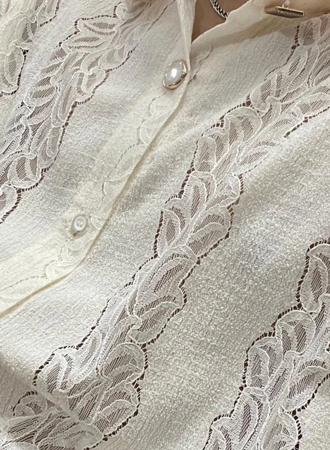 Take Two Cream Men Lace Insert Textured Shirt for Men | Best Price UAE